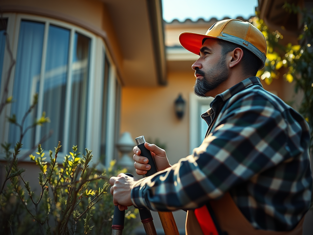 Handyman inspecting the exterior structure of a hillside home in Woodland Hills, CA, ensuring safety.