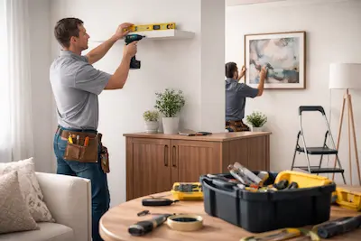 Wall shelves, heavy pictures, and mirrors installed securely by a handyman.