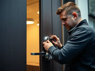 Handyman installing a smart lock and video doorbell on a front door in LA.