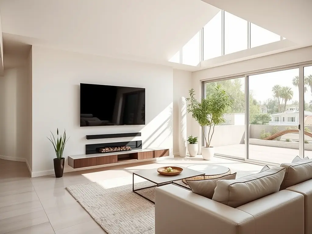 Modern living room interior with a perfectly wall-mounted flat screen TV in Hollywood, Los Angeles.